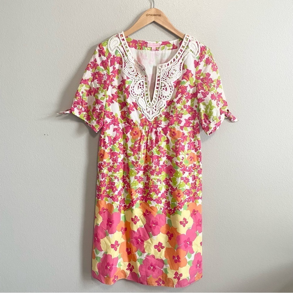 Lilly Pulitzer Pink and Green Floral Cotton Lined Falling For You Dress Size 6